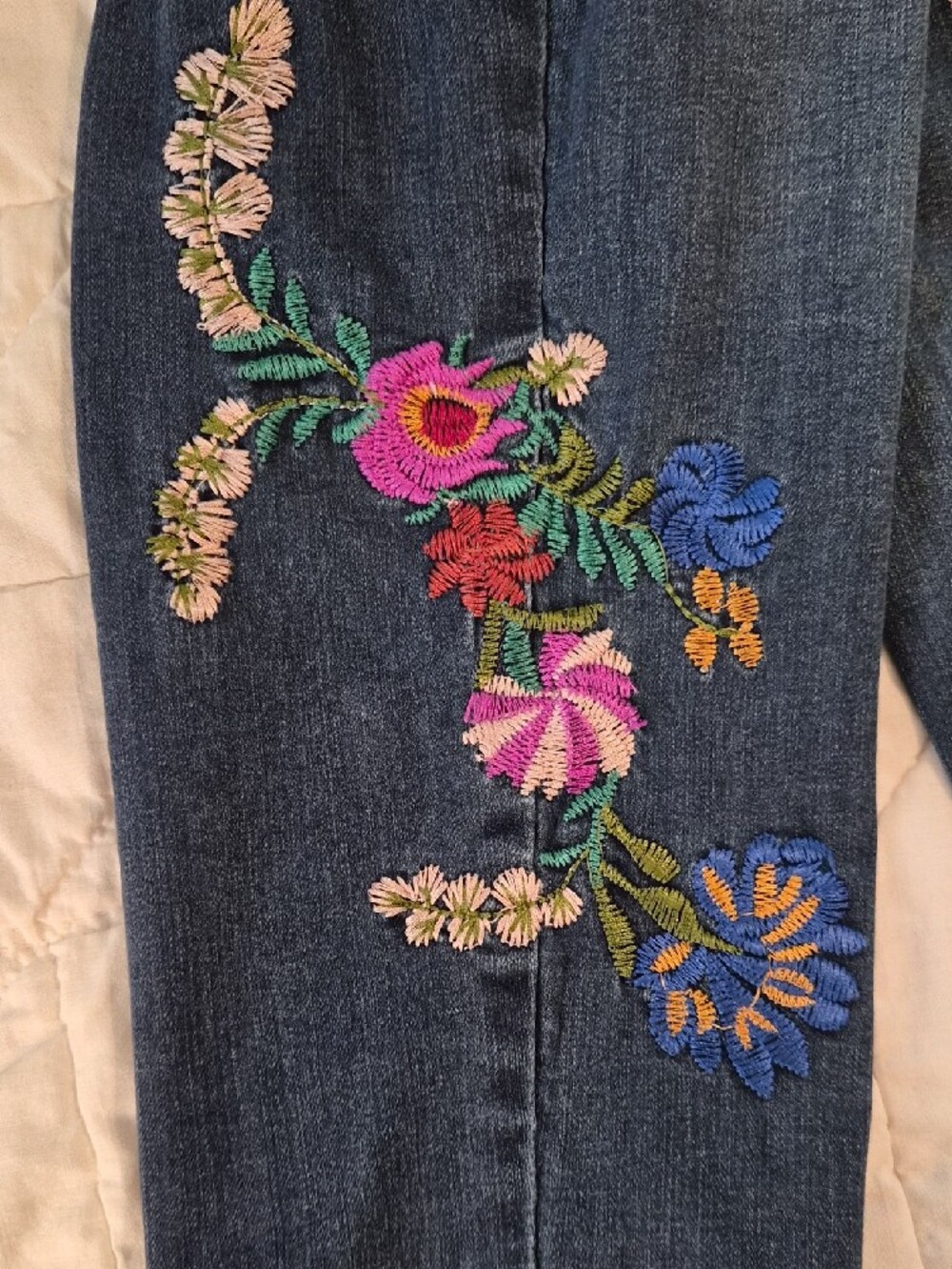 Dark Wash Embroidered Women’s Jeans - Blue with Multicolor Floral - Picture 9 of 12